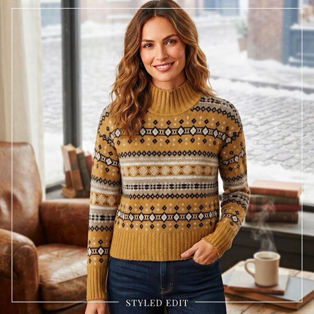 Marled XS Brown Fair Isle Turtleneck Knit Pullover Sweater Ribbed Stretch EUC